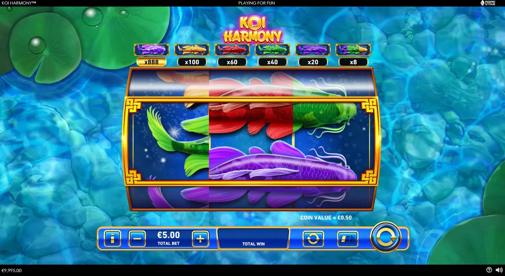Koi Harmony gameplay showing a three-panel koi pond reel assembling coloured koi carp with a multiplier legend above