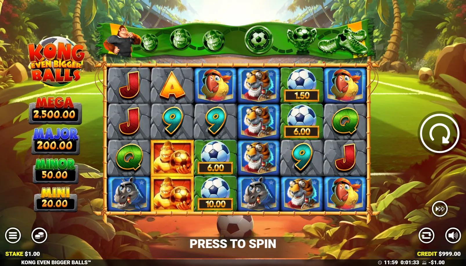 Kong Even Bigger Balls slot showing 6x4 grid with Kong, soccer-ball Cash Prizes and 4-tier jackpot panel