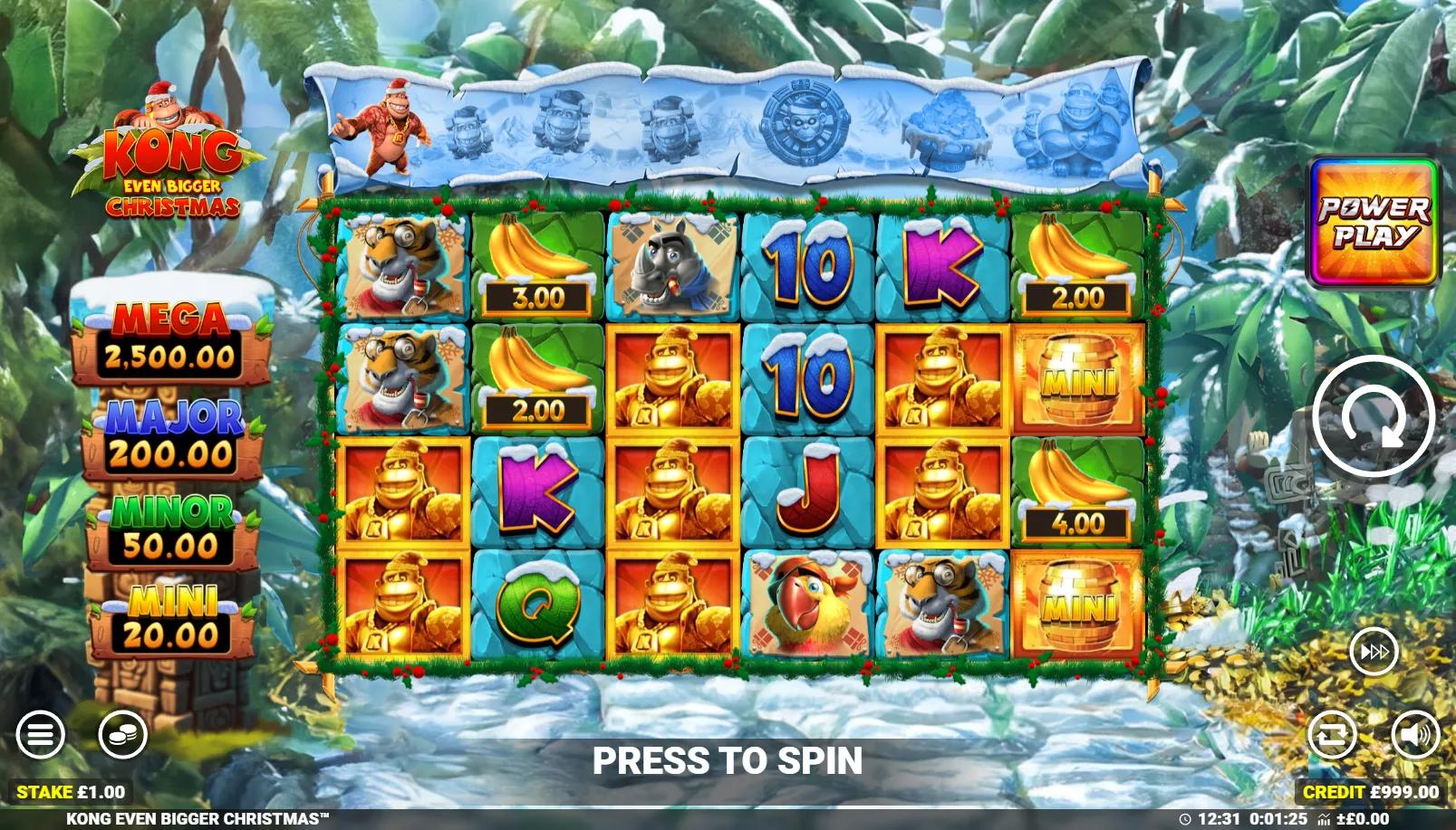 Kong Even Bigger Christmas slot showing 6x4 grid with Santa-hat Kong, banana Cash Prizes and 4-tier jackpot panel