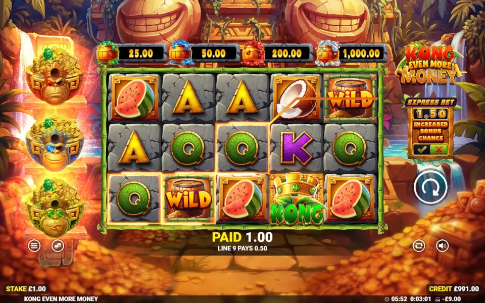 Kong Even More Money 5x3 base game with two winning paylines and a wild barrel helping both