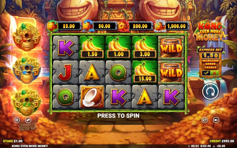 Kong Even More Money 5x3 board showing four banana cash prizes and no collect symbol