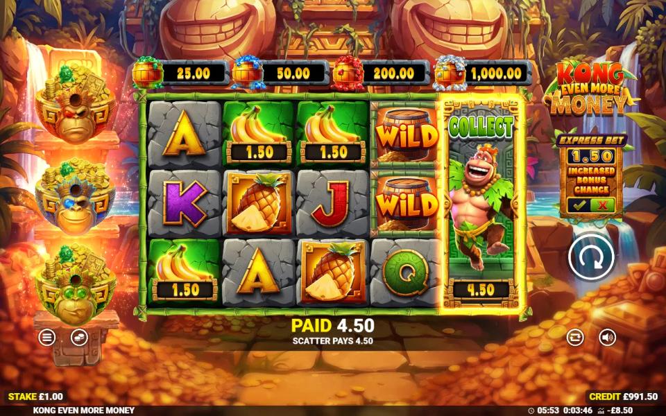 Kong collect symbol expanded across reel five of Kong Even More Money sweeping three banana cash prizes