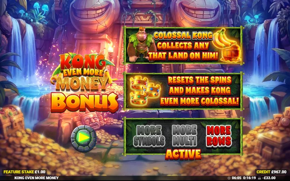 Kong Even More Money bonus intro card with the extra rows upgrade lit and the other two pots unlit