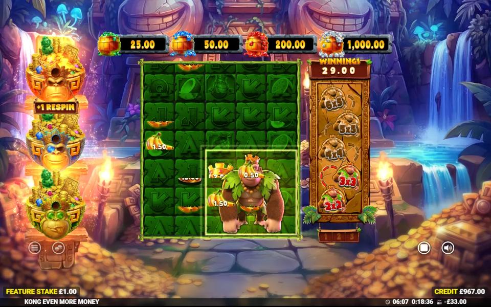 Colossal Kong grown to a 3x3 block on the 5x6 Kong Even More Money bonus grid with cash prizes off to the side