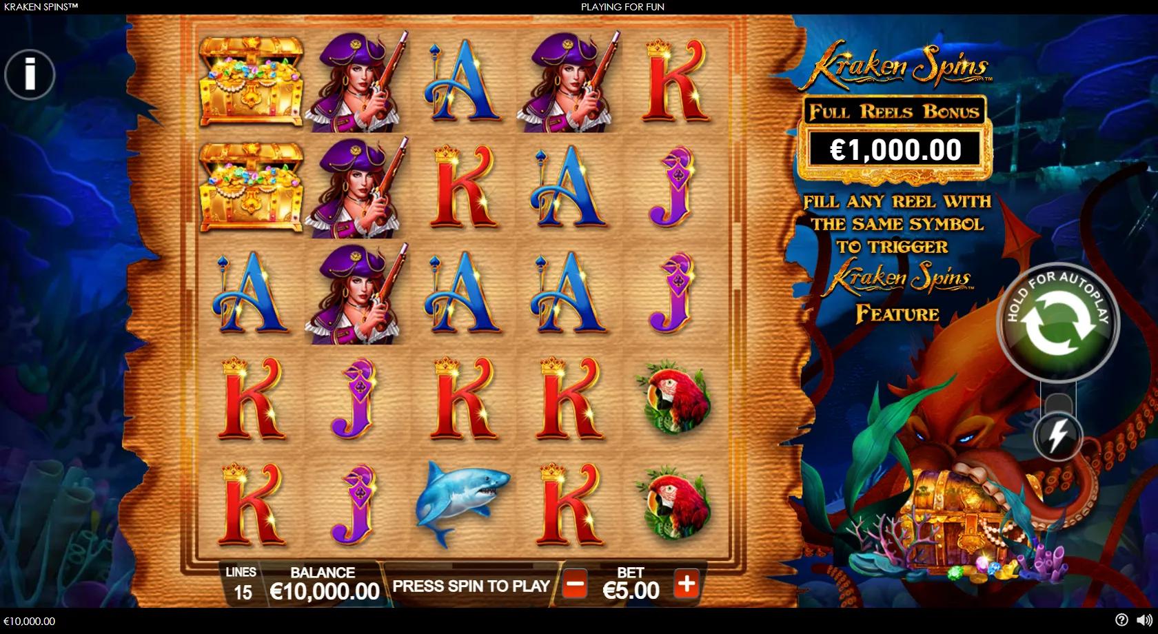 Kraken Spins slot 5x5 pirate treasure-map reels with captain, shark, parrot and treasure chest symbols on the ocean floor