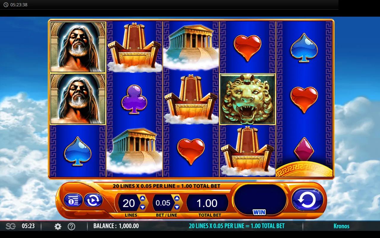 Kronos slot 5x3 reels in a golden Greek frame with bearded Kronos symbols and throne Wild against a Mount Olympus cloudscape