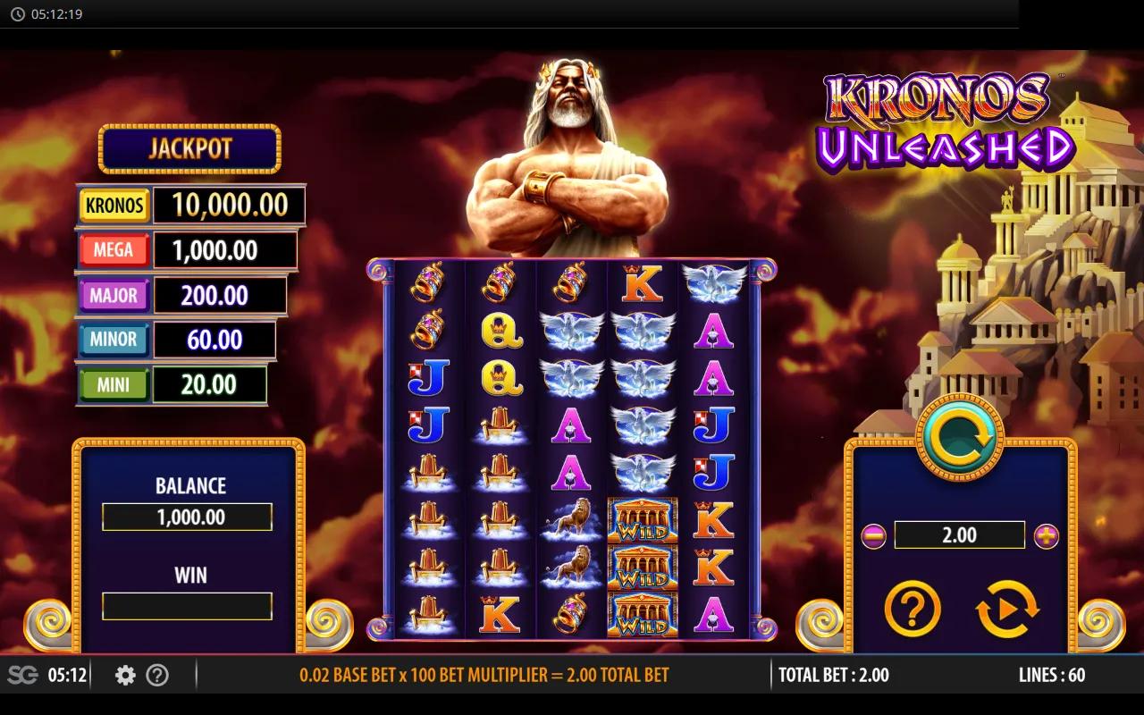 Kronos Unleashed slot with white-marble Kronos statue above a 5x8 reel grid framed by blue-and-gold Greek temple pillars.