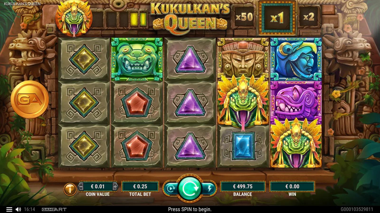 Kukulkan's Queen slot gameplay showing 5x3 grid of carved Aztec masks and gems with the Queen Stacked Wild