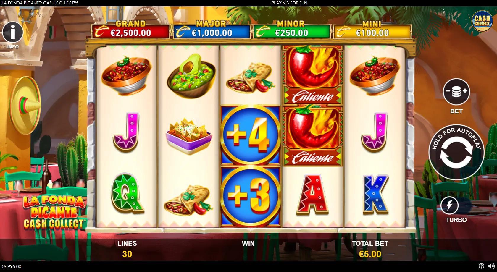 La Fonda Picante Cash Collect gameplay showing 5x3 Mexican-cantina reels with cash coins and four jackpots