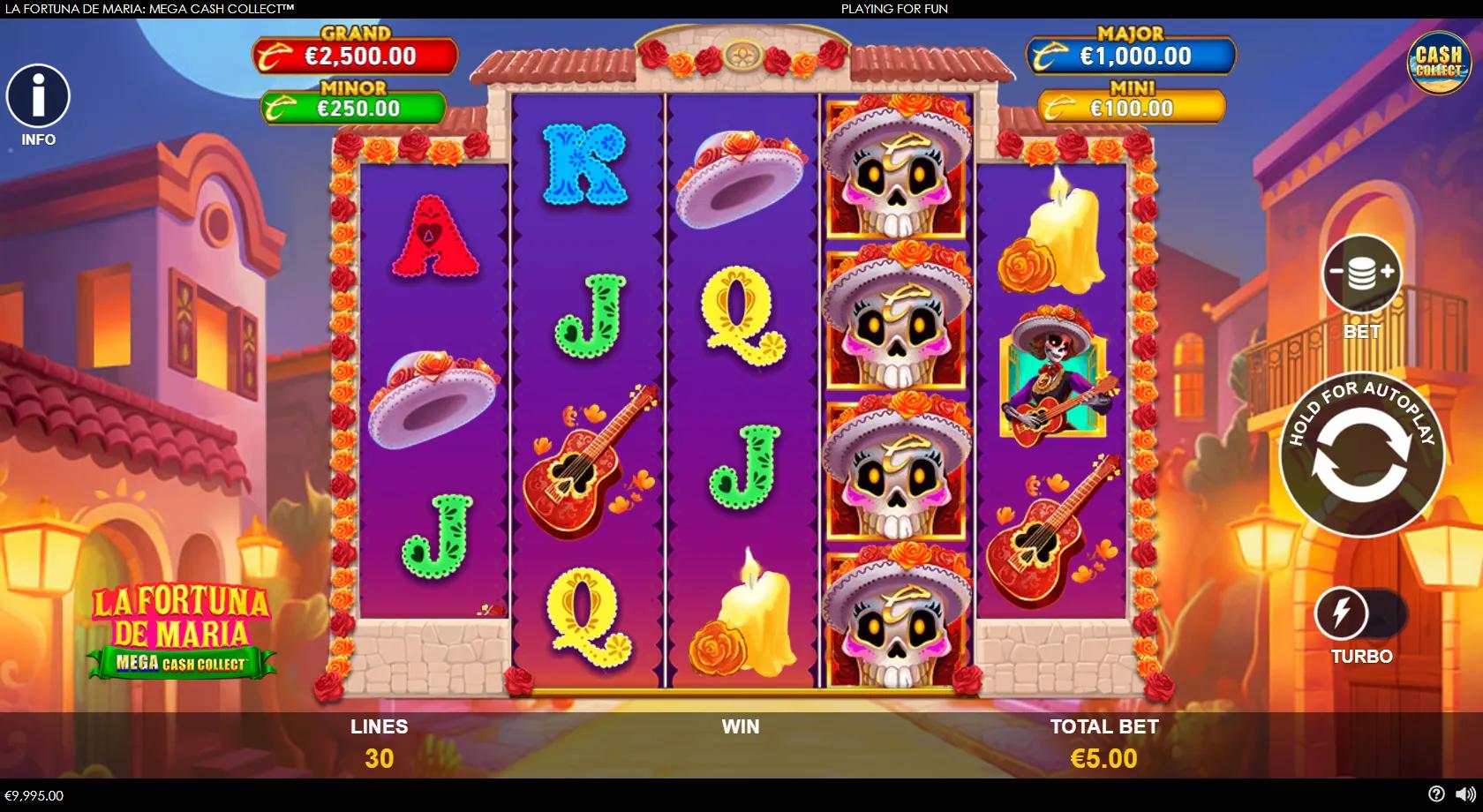 La Fortuna de Maria Mega Cash Collect slot gameplay showing a staggered Day of the Dead grid with La Catrina, gold cash coins, red collector coins and Grand/Major/Minor/Mini jackpots