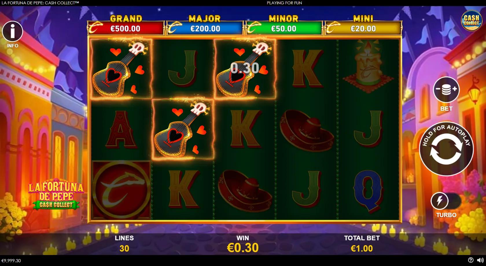 La Fortuna de Pepe: Cash Collect gameplay showing 5x3 Day-of-the-Dead reels with gold cash coins and jackpots