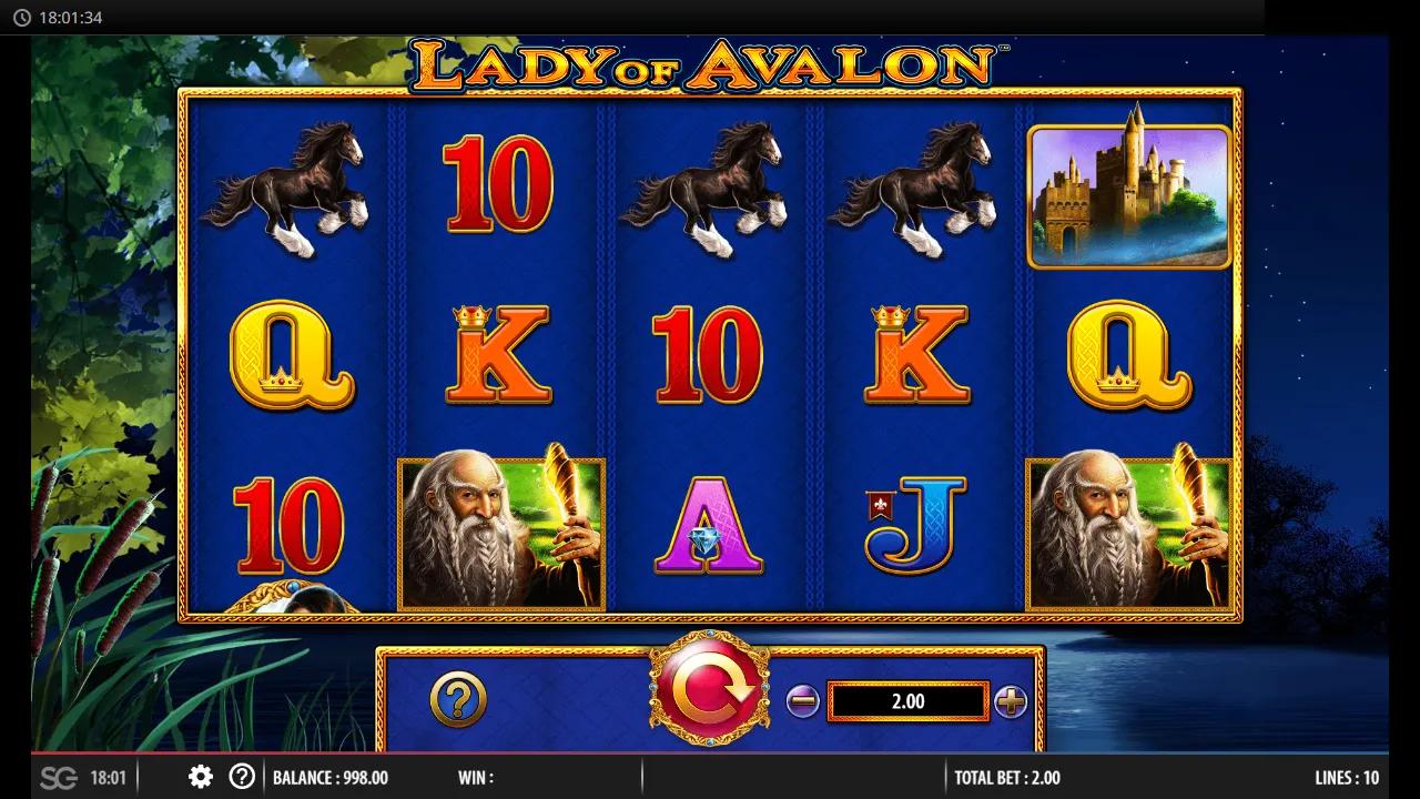 Lady of Avalon 5x3 grid with horse, castle and Merlin symbols paying across 10 win lines