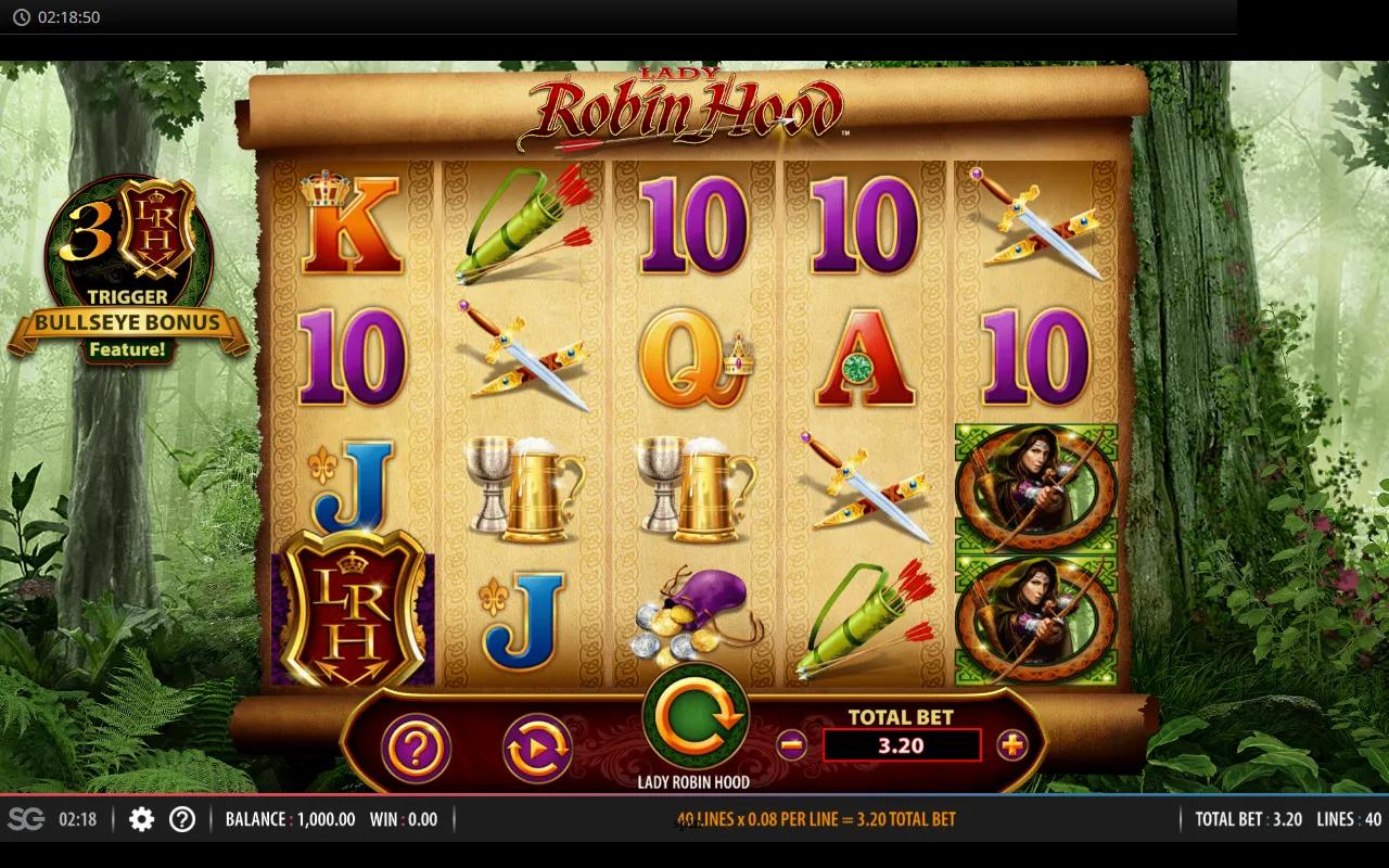 Lady Robin Hood 5x3 slot from Light & Wonder, parchment reels against Sherwood Forest with red gothic title banner.