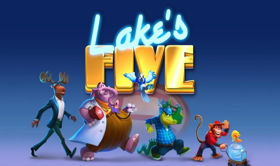 The Lake's Five title art with the five animal crew members: a moose in a suit, an elephant doctor, a parrot, a crocodile builder and a monkey wheeling a goldfish bowl