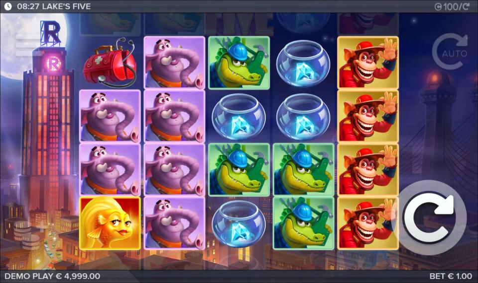 A Lake's Five base spin with elephants filling reels one and two, crocodiles on reels three and four, monkeys down reel five, and no win