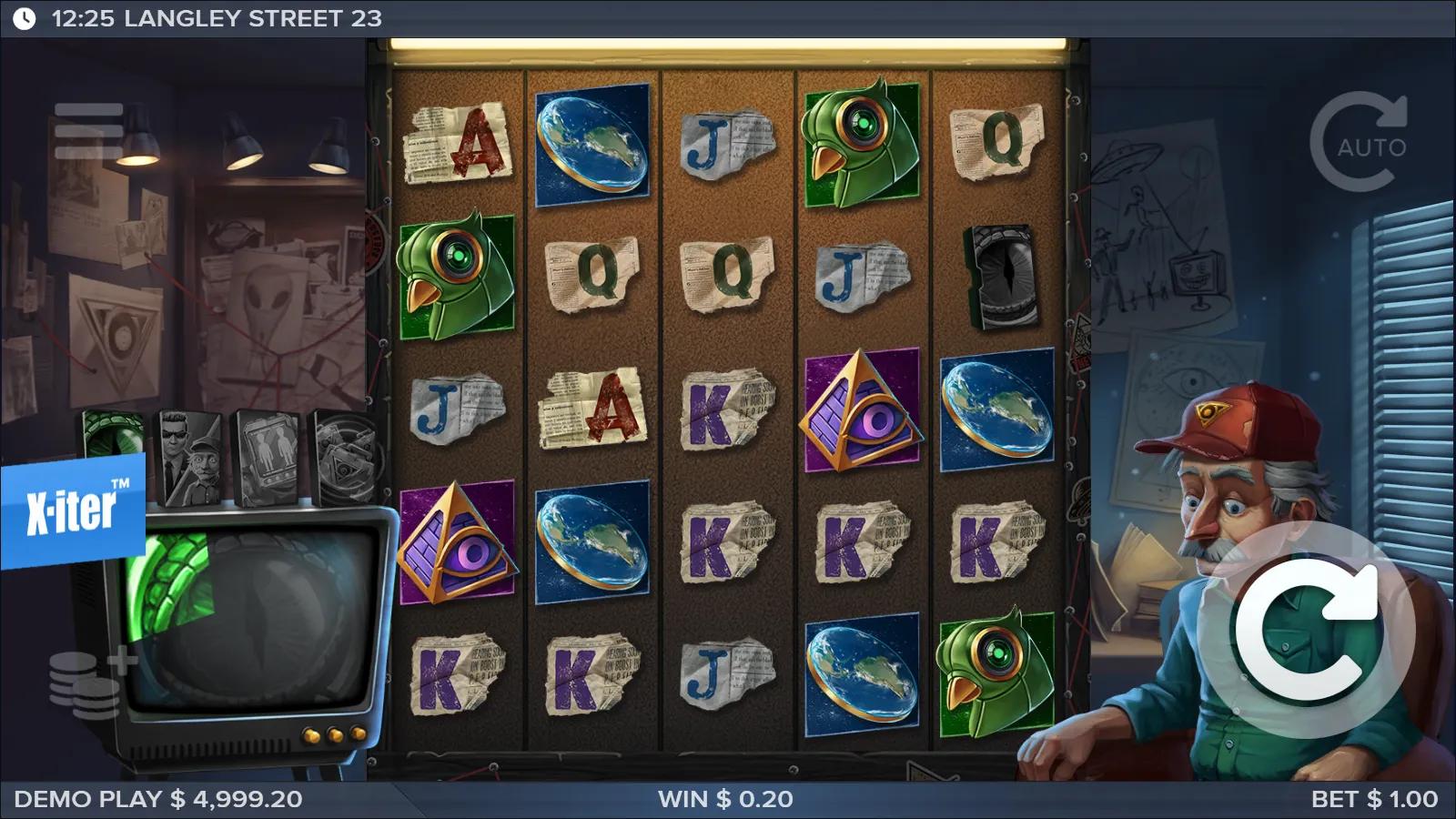 Langley Street 23 slot gameplay showing the 5x5 grid with UFO, all-seeing-eye and card symbols beside Marvin and the surveillance TV