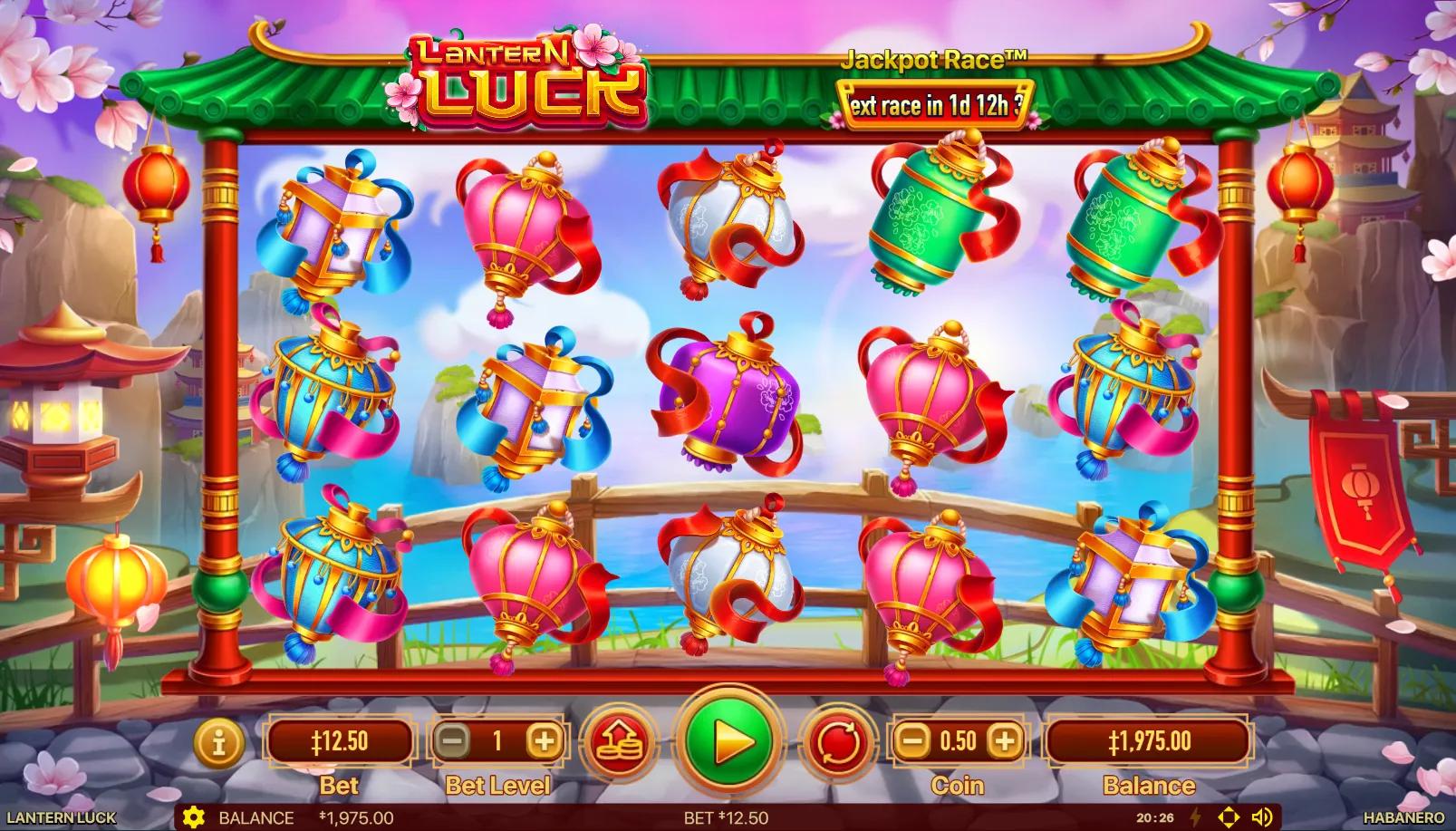 Lantern Luck slot gameplay showing 5x3 grid with ornate Chinese lanterns in purple, red, blue, pink, green, and gold colors framed by pagoda roof and cherry blossoms