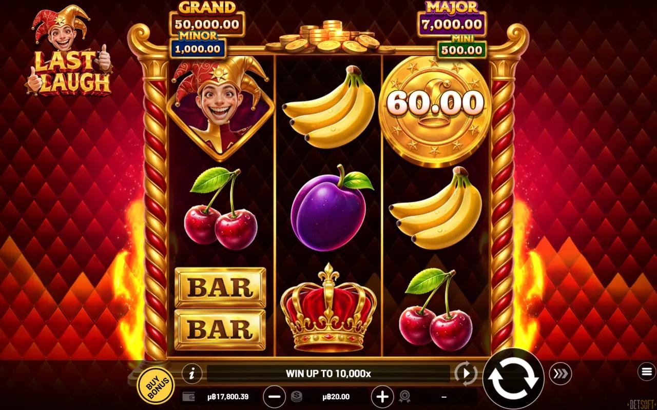 Last Laugh slot 3x3 grid with the Joker wild on reel 1 and a 60.00 gold bonus coin on reel 3 below the Grand jackpot meter