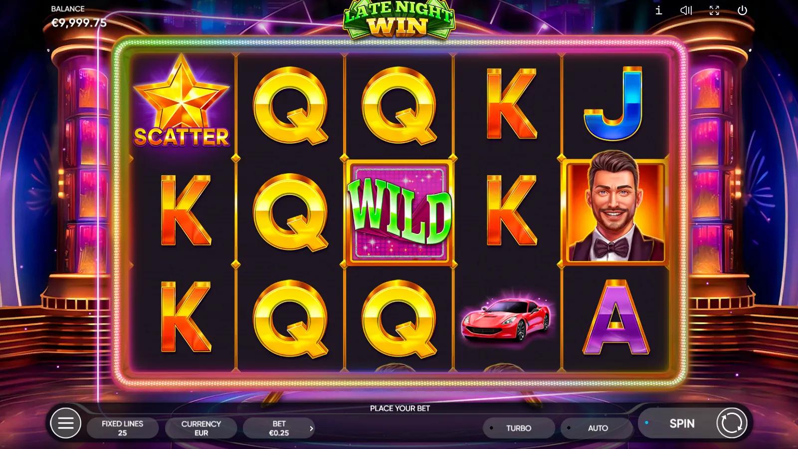Late Night Win slot gameplay showing 5x3 neon casino reels with Wild plaque, sports car and gold royal symbols