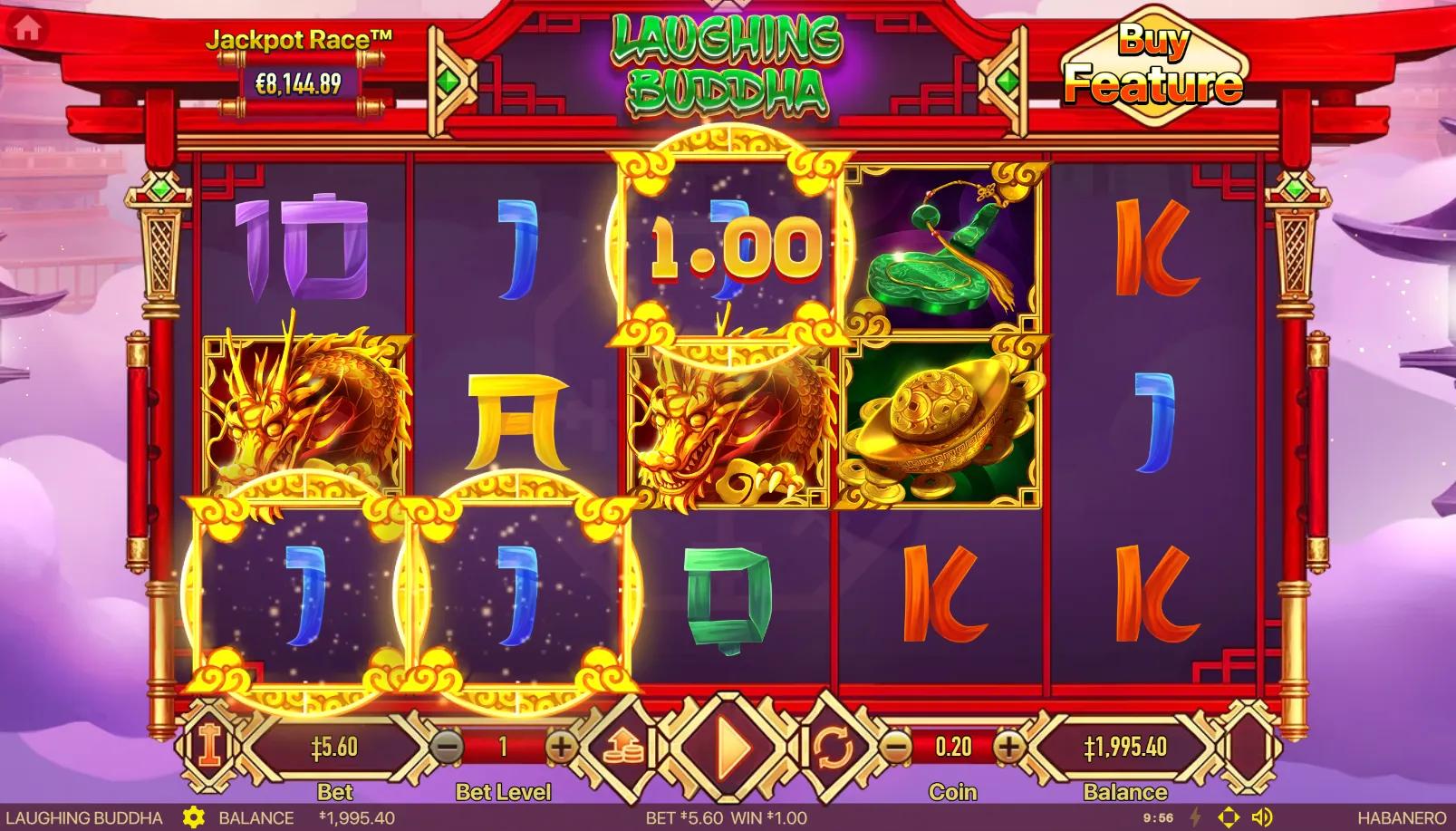 Laughing Buddha slot 5x3 grid with red pagoda frame, golden dragon, x2 Pearl Wild and Buddha symbol on the right reel