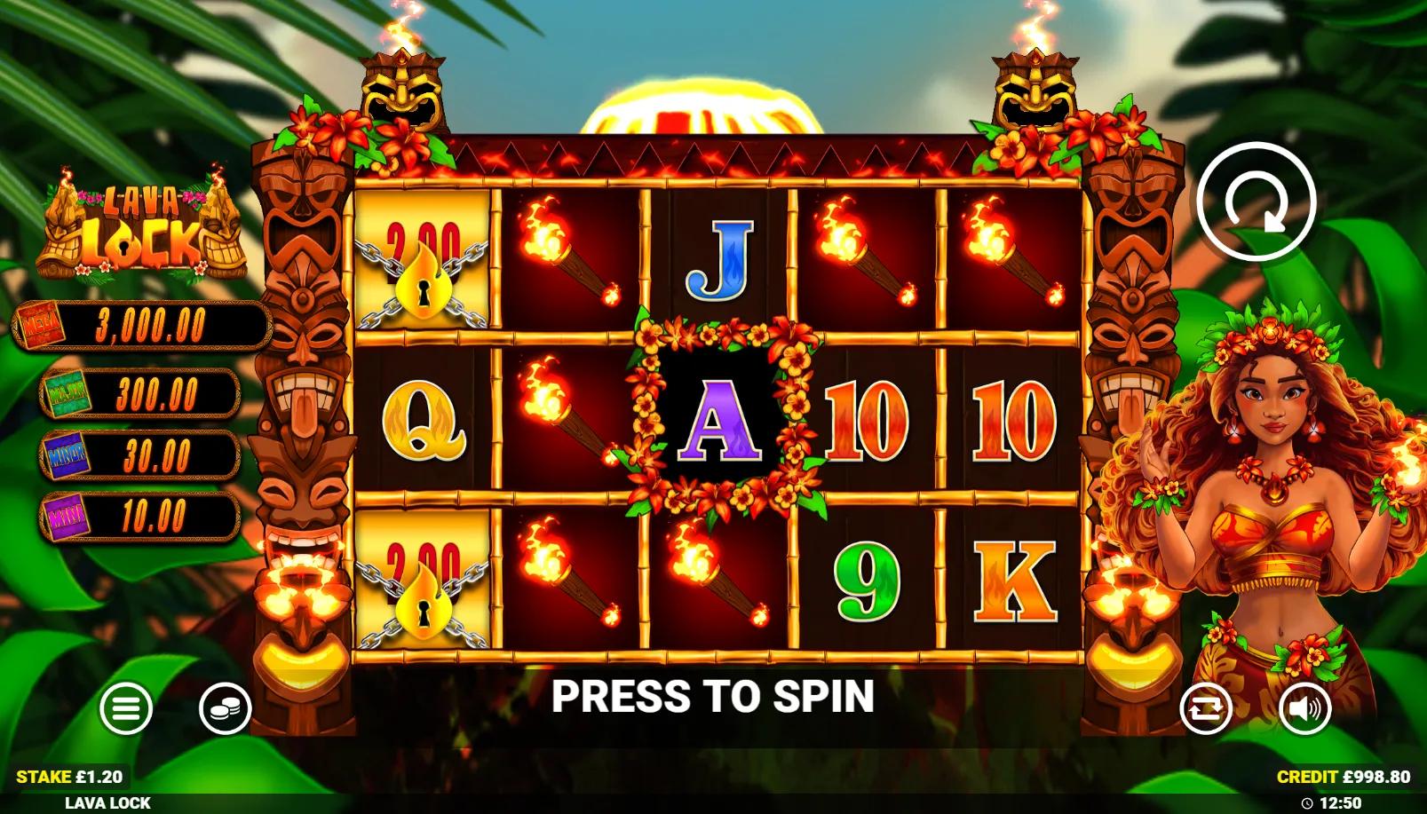 Lava Lock slot showing 5x3 Polynesian grid with Pele goddess Wild on centre reel and 4-tier jackpot panel