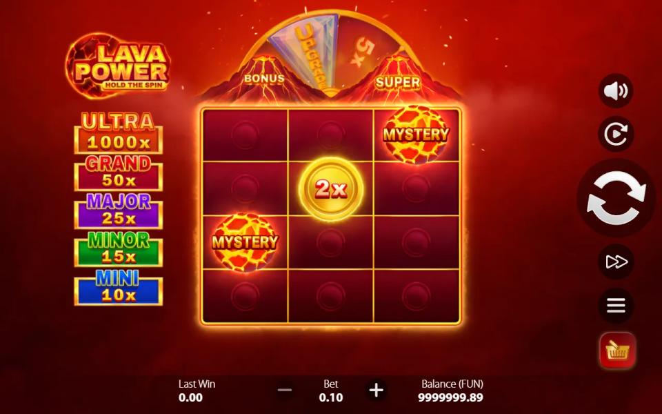 Lava Power: Hold the Spin 3x4 grid with two lava Mystery spheres and a gold coin worth 2x, beside the Ultra, Grand, Major, Minor and Mini jackpot plates