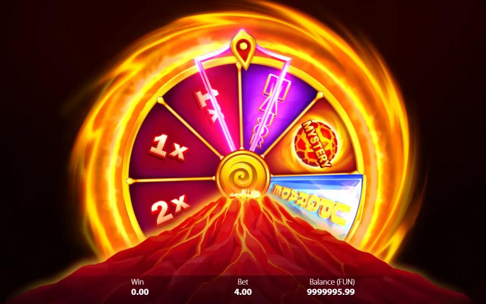 The Power Wheel spinning above the two volcanoes before the Bonus Game begins