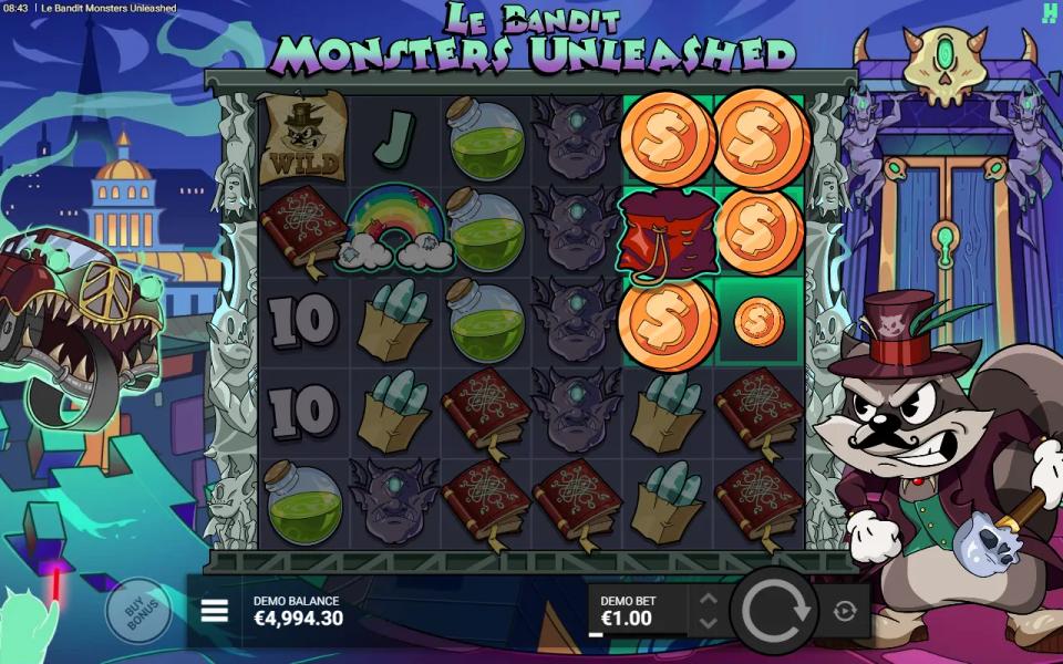 Base game board with a Rainbow in the second row and a red Bag of Gold among coins on marked squares on the right-hand reels