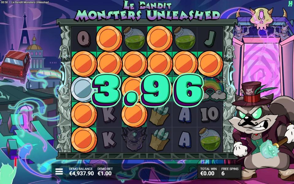 Luck of the Monsters free spin with most of the top rows covered in Bronze and Silver coins on squares carried over from the spin before