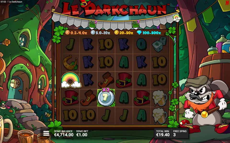 Arc Adventure free spin with a silver coin revealed on a x2 Position Multiplier cell and the Lucky Charm Bar across the top