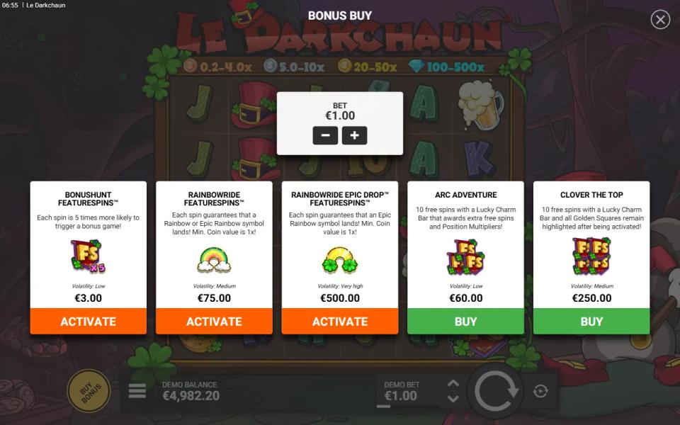 Le Darkchaun bonus buy menu listing Arc Adventure, Clover the Top and three FeatureSpins options with their prices