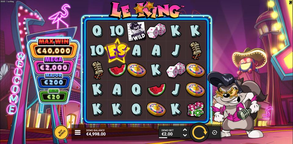 The Le King jackpot board beside the grid reading MAX WIN 40,000 euro, MEGA 2,000, MAJOR 200 and MINI 20 at a 2 euro stake