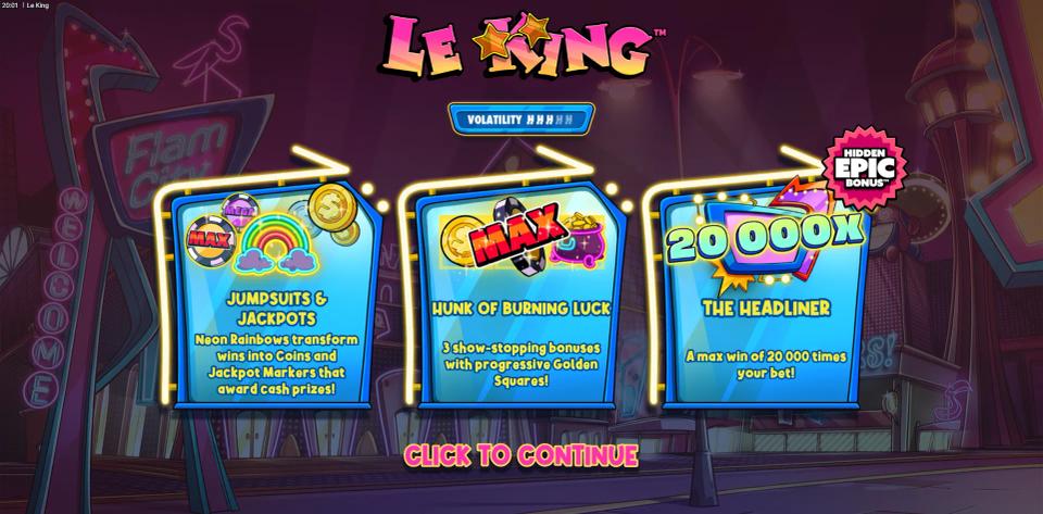 Le King intro billboards for Jumpsuits and Jackpots, Hunk of Burning Luck and The Headliner at 20,000x, with a hidden epic bonus badge and a volatility meter showing three of five