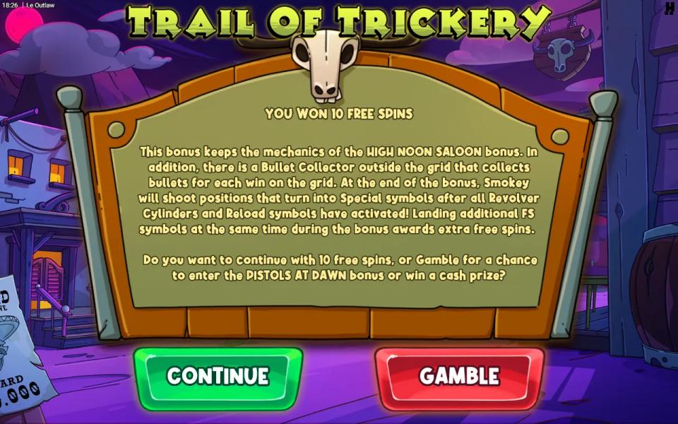 Le Outlaw Trail of Trickery card describing the Bullet Collector and offering a second gamble for the Pistols at Dawn bonus