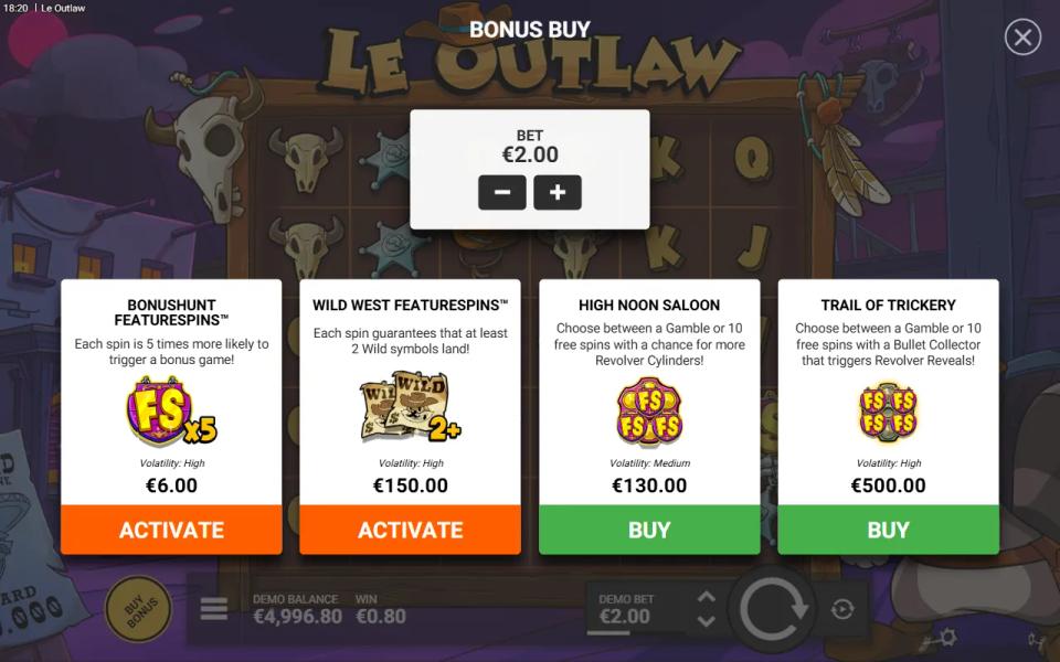 Le Outlaw bonus buy menu listing four purchases with their prices and individual volatility ratings