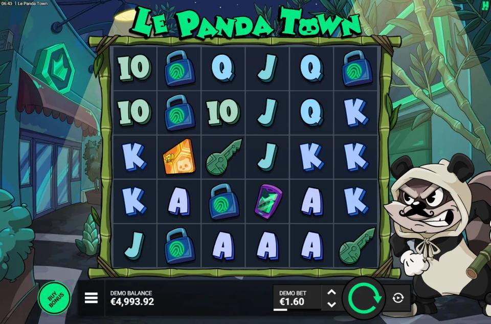 Le Panda Town 6x5 cluster grid of card royals and picture symbols, with the raccoon mascot in a panda hood beside the reels on a neon street