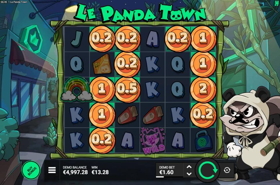 Eleven bronze coins revealed across the Le Panda Town grid after a Rainbow symbol, totalling 13.28 on a 1.60 stake