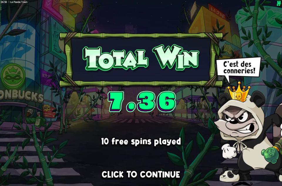 Le Panda Town total win card showing 7.36 returned from a 100x bonus buy, with the mascot swearing in French