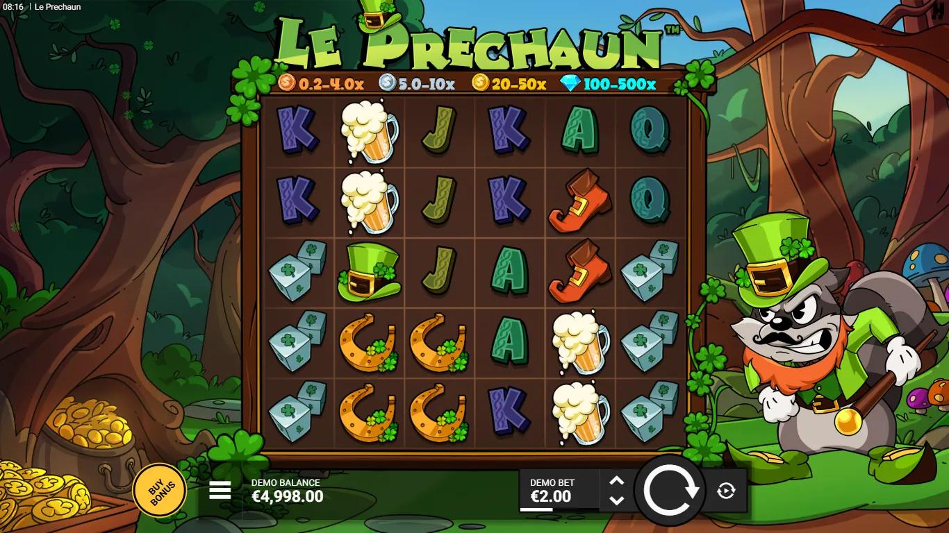 Le Prechaun slot gameplay showing 6x5 scatter pays grid with Smokey leprechaun character and money symbol tiers