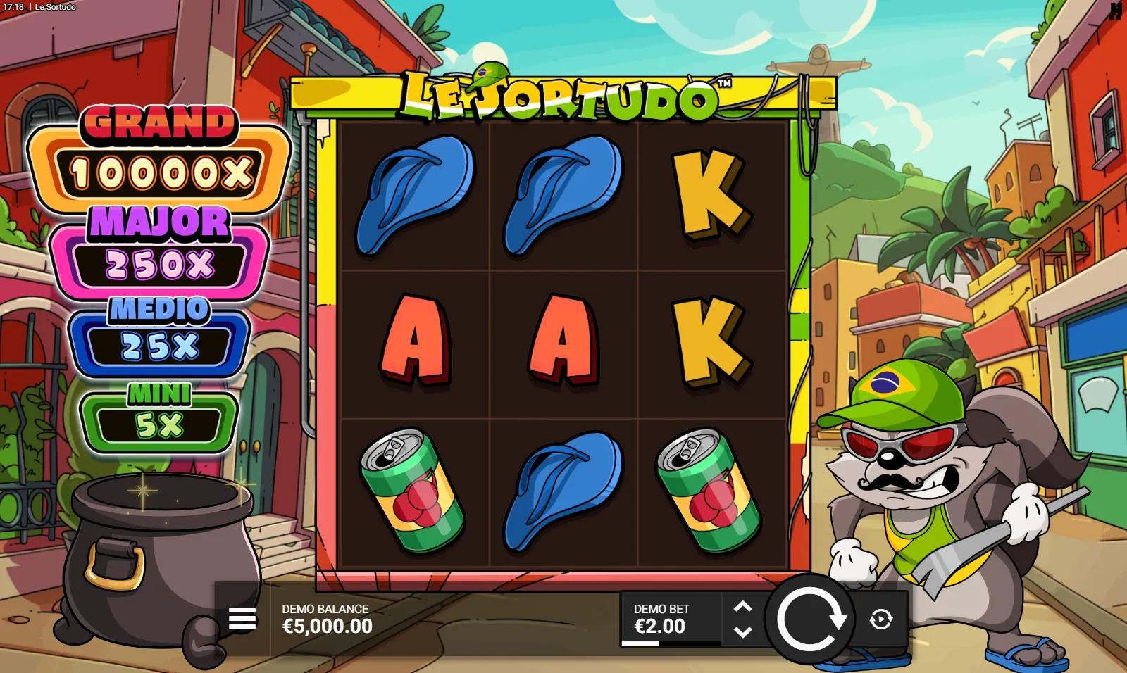 Le Sortudo by Hacksaw Gaming gameplay showing the 3x3 grid with the Grand-to-Mini jackpot ladder and pot of gold