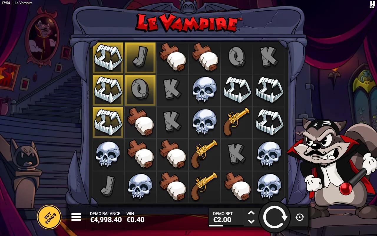 Le Vampire slot 6x5 cluster grid with five fang symbols lit on Golden Squares after a cascading win