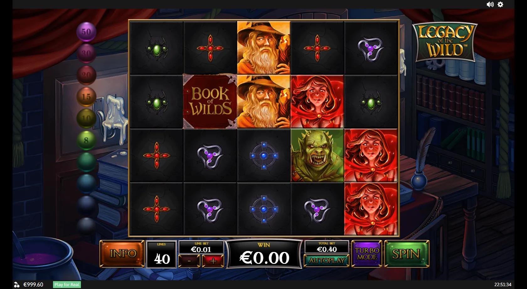 Legacy of the Wild 5x4 alchemist-study grid with a sorceress, wizard, orc and demon knight plus a Book of Wilds and wild symbols