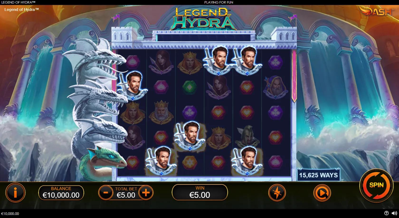 Legend of Hydra Power Zones slot: 6x5 15,625-ways Greek myth grid with the Hydra, Zeus, queen, knight and glowing Power Zones
