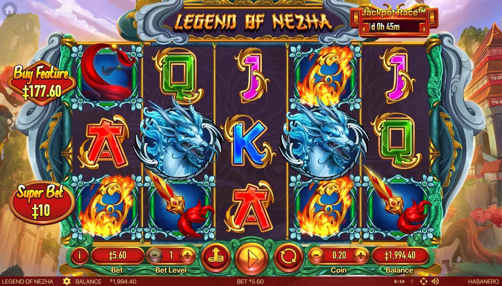Legend of Nezha slot gameplay showing 5x3 grid with red dragon fan and fiery wheel symbols on Chinese temple cabinet