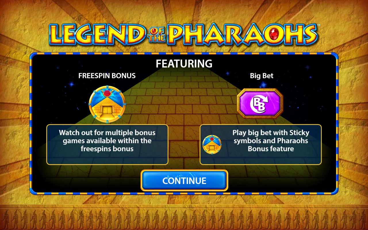 Legend of the Pharaohs slot gameplay with carved sandstone pillars, gold logo, and Egyptian card symbols on a 5x3 grid.
