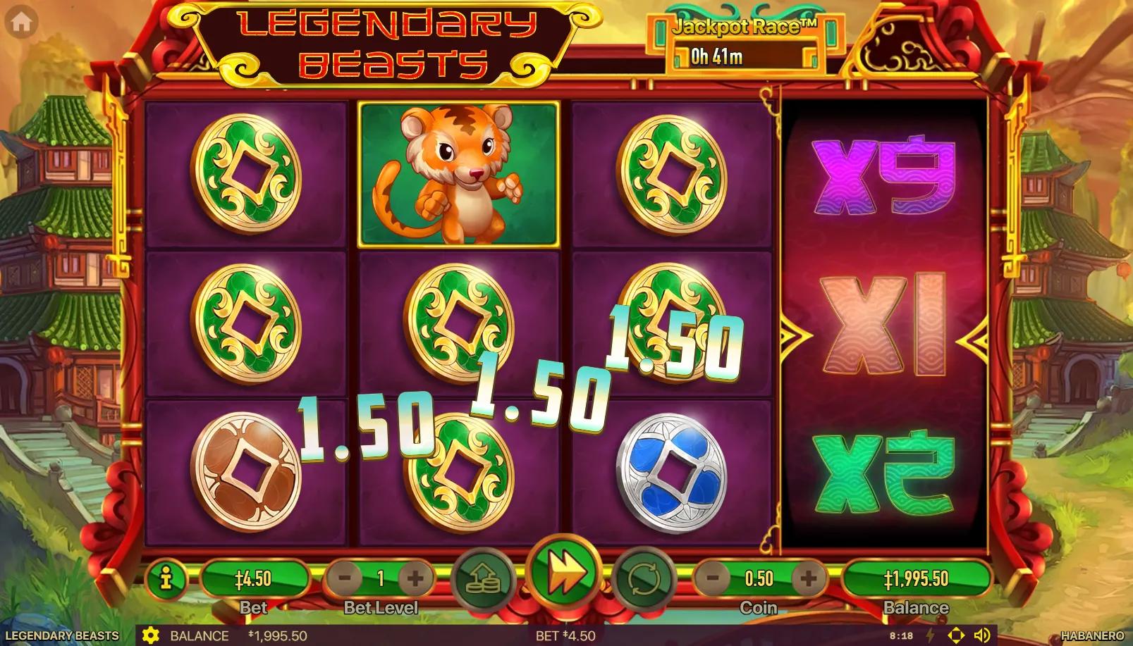 Legendary Beasts slot gameplay showing 3x3 grid with tiger and phoenix and separate Multiplier Reel displaying x1/x9/x5