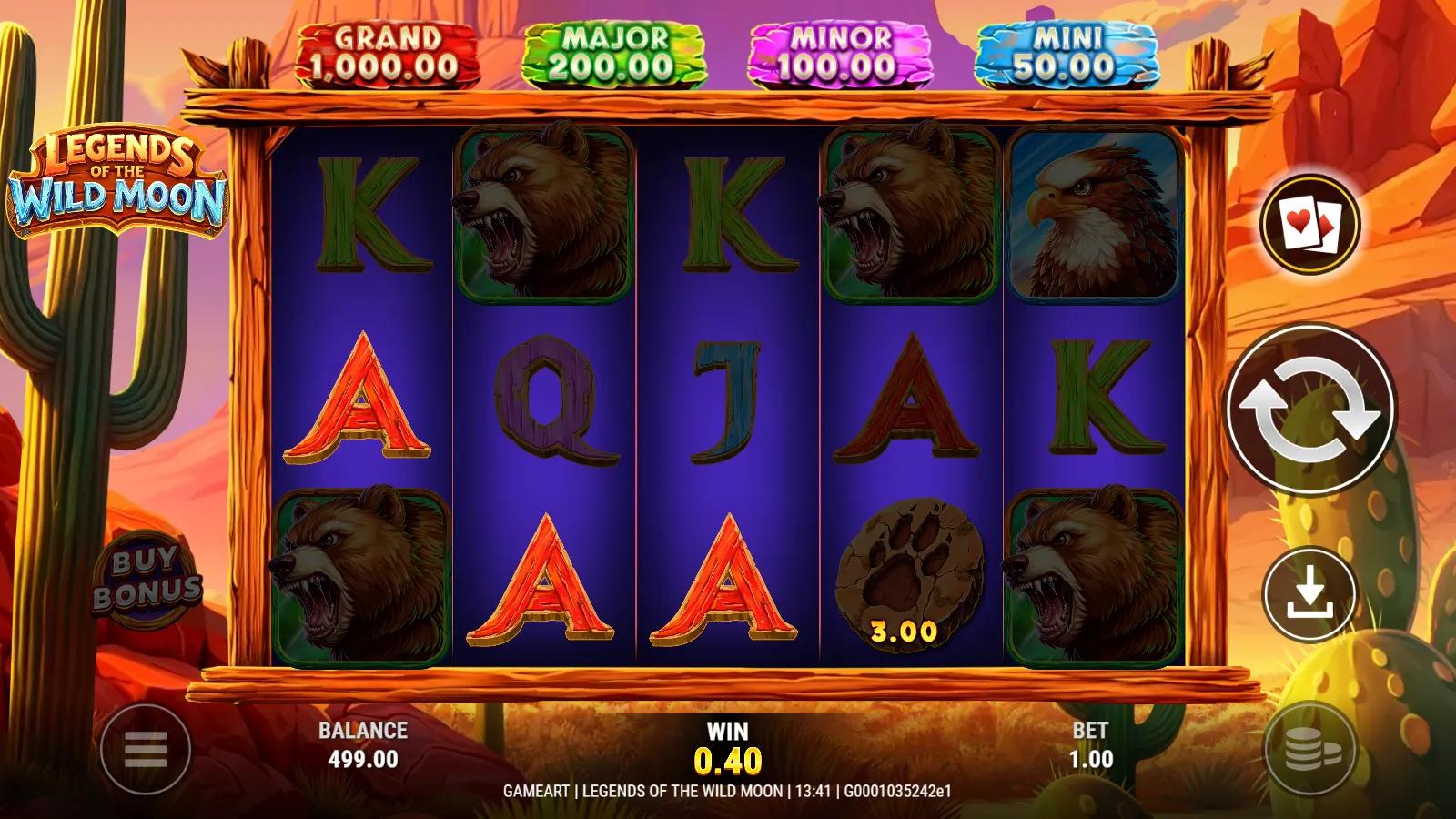 Legends of the Wild Moon slot gameplay showing 5x3 desert grid with bison, eagle and a 3.00x Pawprint coin