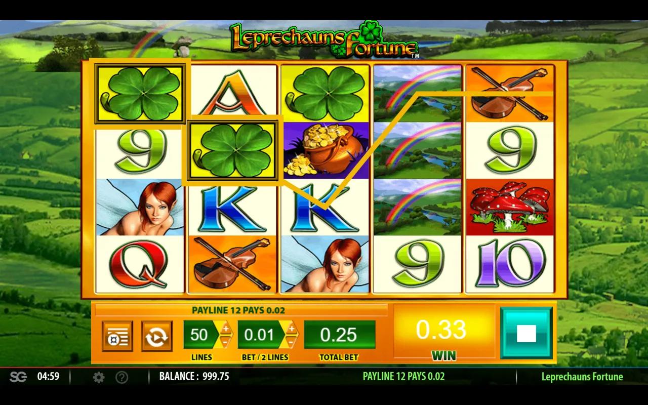 Leprechauns Fortune slot reels showing leprechaun, fairy, mushrooms and royal symbols on green Irish hills backdrop