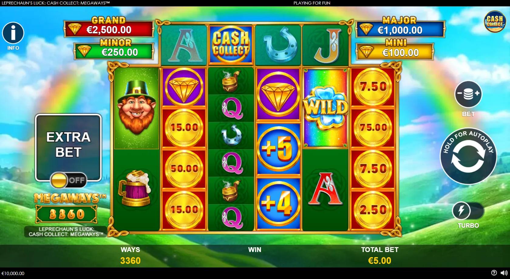 Leprechaun's Luck Cash Collect Megaways slot 6-reel Irish grid with pot of gold, clover wild, cash coins and jackpot ladder