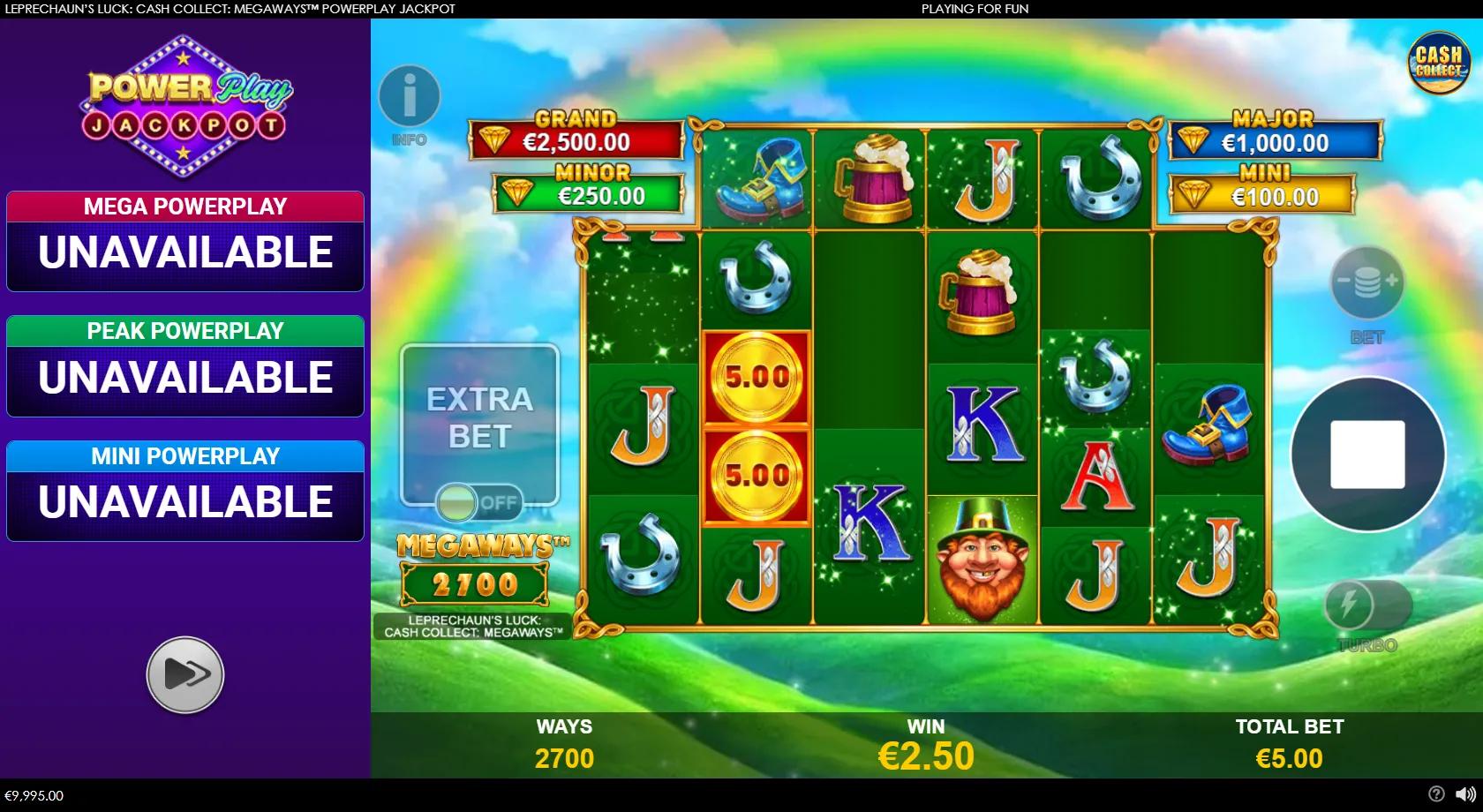 Leprechaun's Luck Cash Collect Megaways PowerPlay Jackpot slot gameplay showing a 6-reel Irish Megaways grid with leprechaun, beer, horseshoe and cash-coin symbols, PowerPlay progressives and four fixed jackpots